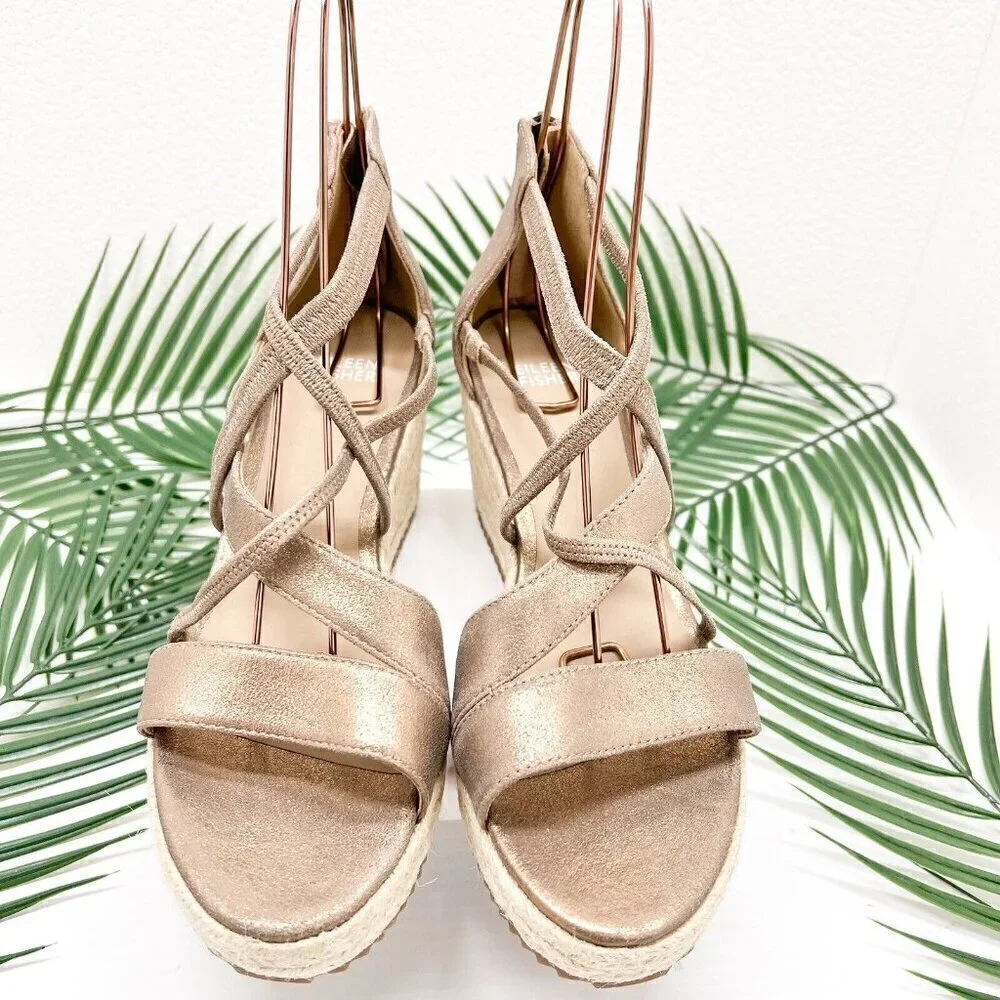 Eileen Fisher Wanda Metallic Nude Strappy Espadrille Wedge Sandal Size 9.5 NWOB